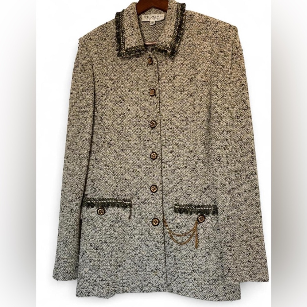 Vintage St. John Tweed Blazer, Beige & Green, Size 14